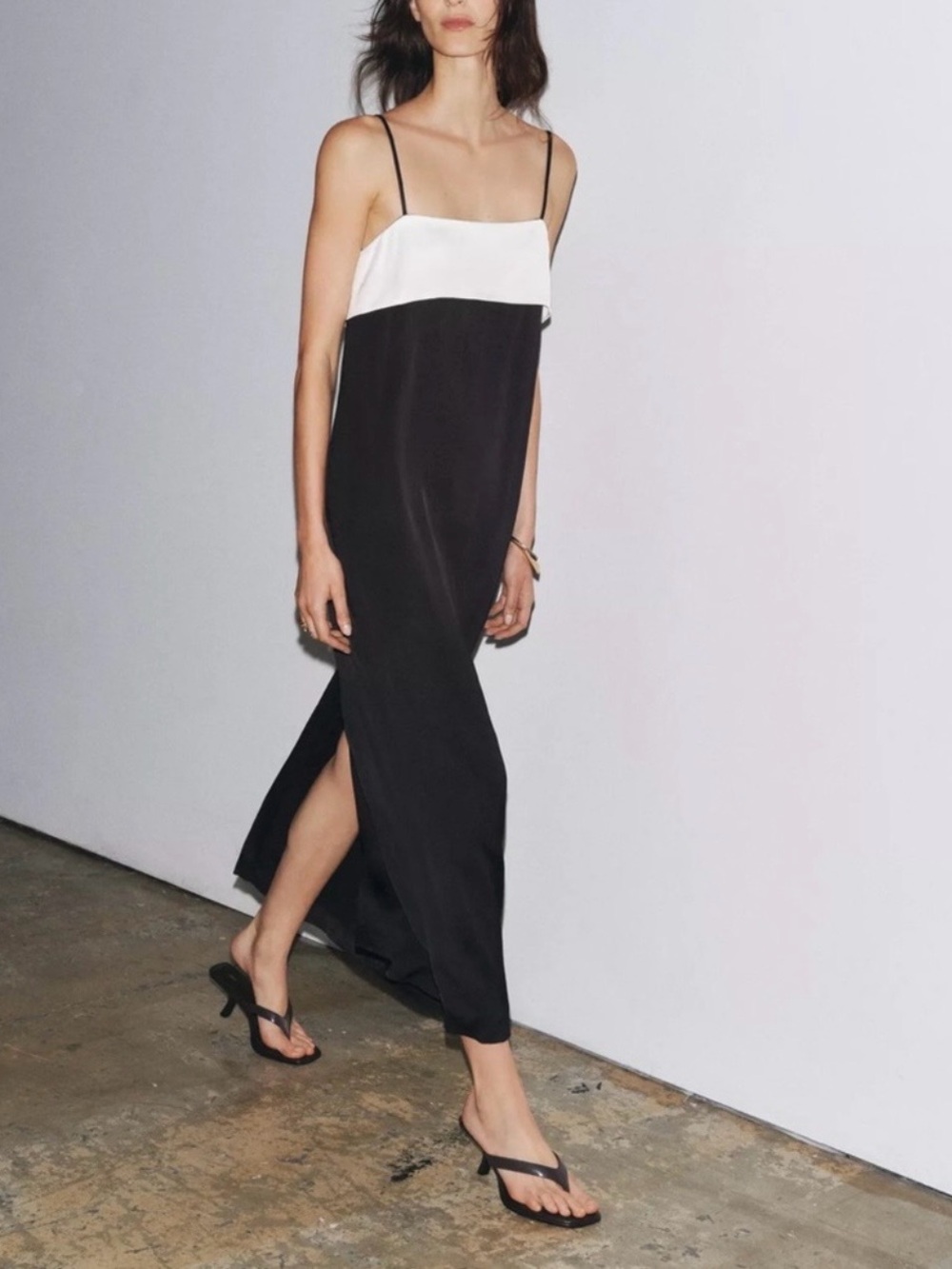 Zara Satin Contrast Slip Midi Dress Black & White Size M NWT